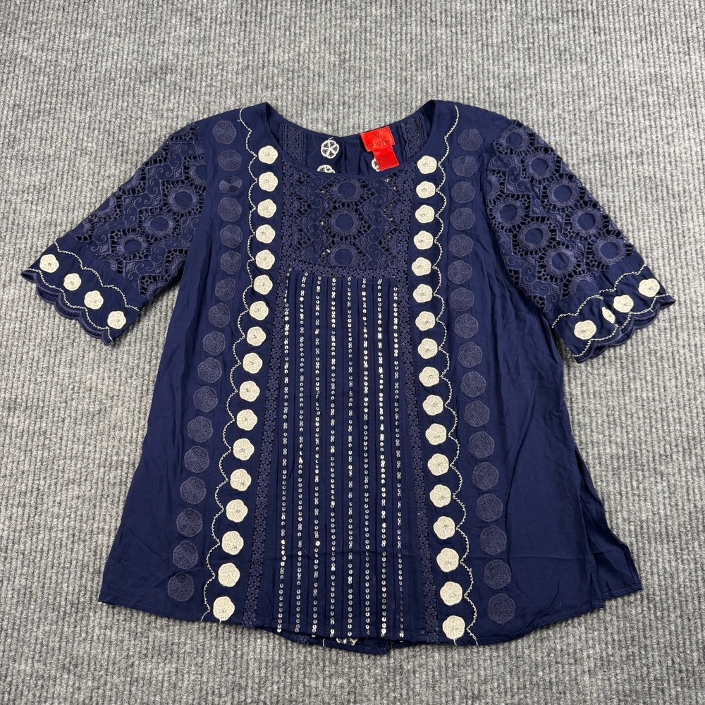 V Cristina Blouse Womens S Button Back Blue Embroidered Sequins Boho Romantic